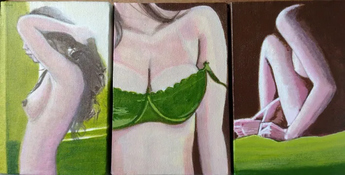 Conjunto de 3 quadros pintados à mão com tema feminino - Arte única