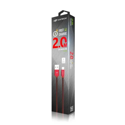 Cabo USB-Micro USB 2,0A 2m Vermelho C3Tech