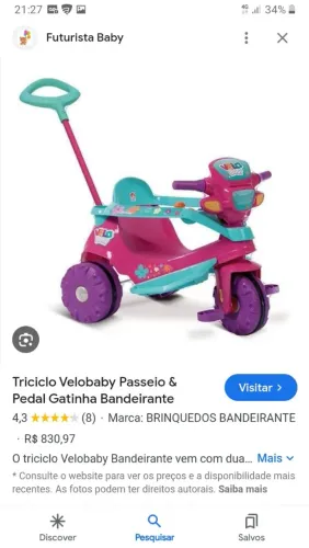 Triciclo Velobaby Passeio & Pedal Gatinha Bandeirante