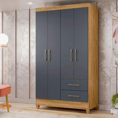 Guarda-Roupa 4 Portas com 2 Gavetas - Bege e Cinza