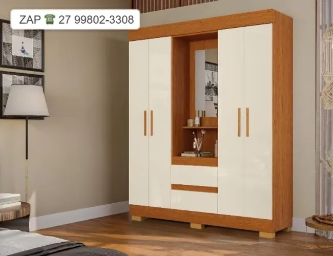 Guarda Roupa ACP Isabely 4 Portas com Espelho e Pés - Cinamomo/Off White