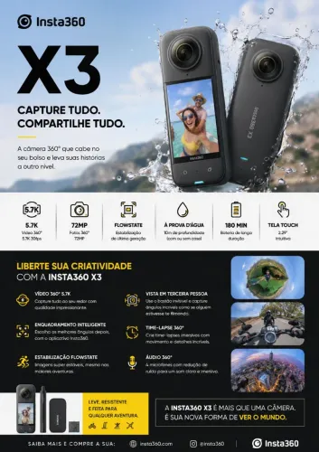 Insta360 x3 filma em 5.7k 360 graus