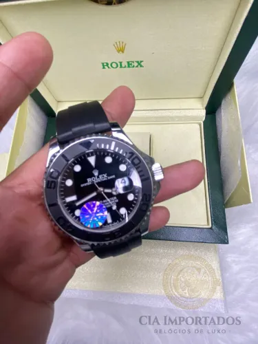 Yacht-Master II Premium Prata com Mostrador Preto Pulseira Silicone Preto Automátic
