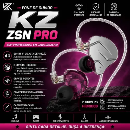 Fone de ouvido Kz Zsn Pro Violeta sem Microfone