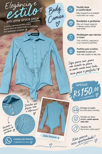 Body Feminino Azul com Pedrarias - Usado 1x | Tam. 35