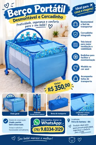 BERÇO PORTÁTIL DESMONTÁVEL COM CERCADINHO - AZUL