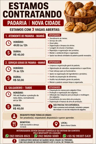 Vagas para Padaria - Atendente, Serviços Gerais e Salgadeiro
