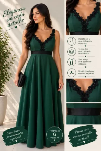 VESTIDO DE FESTA VERDE ESCURO COM DETALHE PRETO