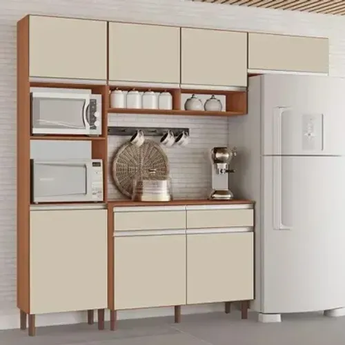 Cozinha Completa Modulada Virginia Tuboarte 100% em Mdf com 7 Portas e Duas Gavetas Amêndo