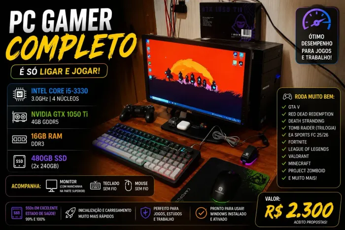 PC Gamer Completo | GTX 1050 Ti | 16GB RAM | SSD 480GB
