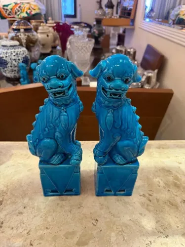 Par de Cães de Fó (Foo Dogs) em Porcelana Azul - 30cm | Estilo Chinês