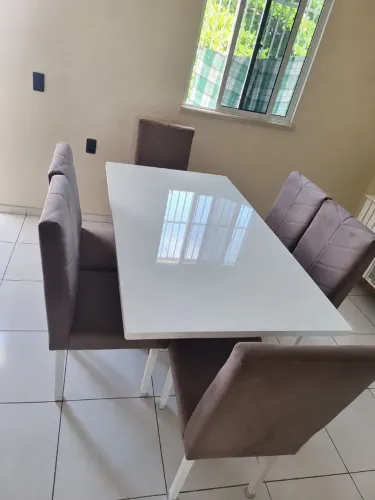 Mesa de Jantar 6 Lugares com Tampo de Vidro + 6 Cadeiras Estofadas - Excelente Estado