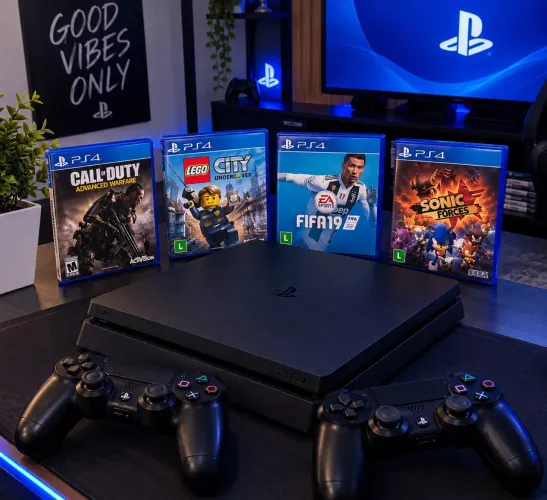 Vendo PS4 Slim de 1TB, com 2 controles e 4 jogos.