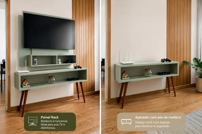 Rack + Painel para TV verde com pés de madeira - 2 peças