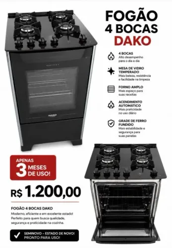 Vende se fogão com 3 meses de uso apenas, estou vendendo por motivo de viagem