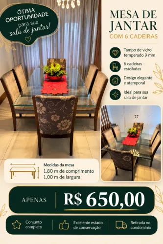 *(PARA VENDER RÁPIDO)* Mesa de Jantar com Tampo de Vidro Temperado 9mm + 6 Cadeiras  estof