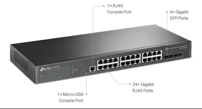 Switch TP Link SG3428 Com 24 Portas Gigabit L2+ Rj45 e 4 Slot Sfp Jetstrem