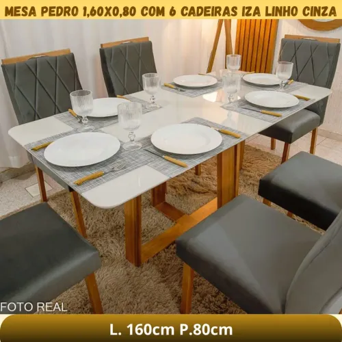 Mesa Pedro c/6 cadeiras iza linho cinza