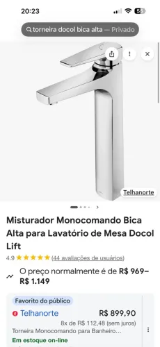 Torneira bica alta docol mono comando quente e fria