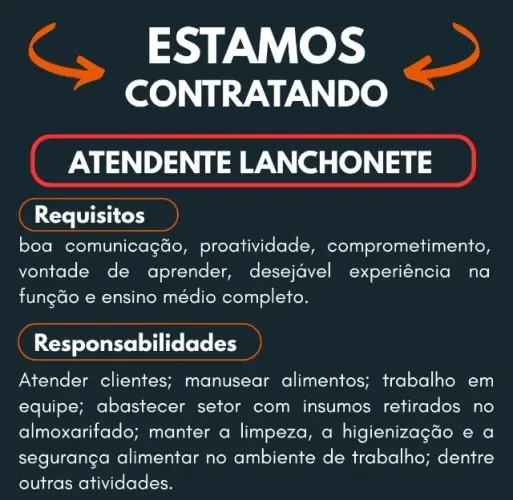 VAGA ATENDENTE DE LANCHONETE