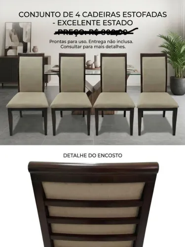 Conjunto 4 Cadeiras Design Moderno - Madeira e Estofado Bege. R$700,00