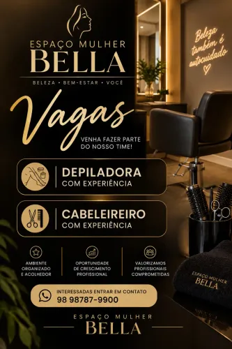 Estamos com vaga para cabeleireiro e depiladora com experiência