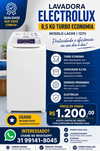 LAVADORA ELECTROLUX 8,5 KG TURBO ECONOMIA