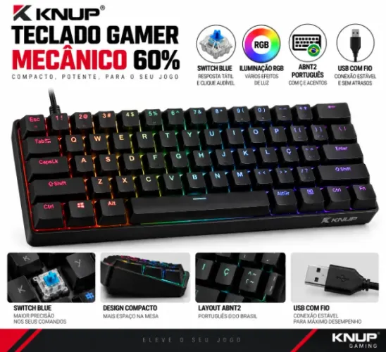 Teclado Gamer Mecânico KNUP 60% RGB Switch Blue USB ABNT2