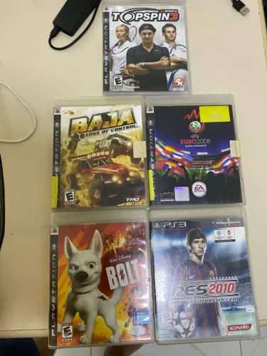 Lote 5 Jogos PS3 Originais - Top Spin 3, PES 2010, Bolt, Euro 2008 e Baja