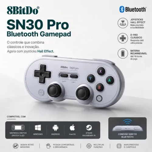 8BITDO SN30 PRO - CONTROLE SEM FIO BLUETOOTH COM HALL EFFECT | LACRADO
