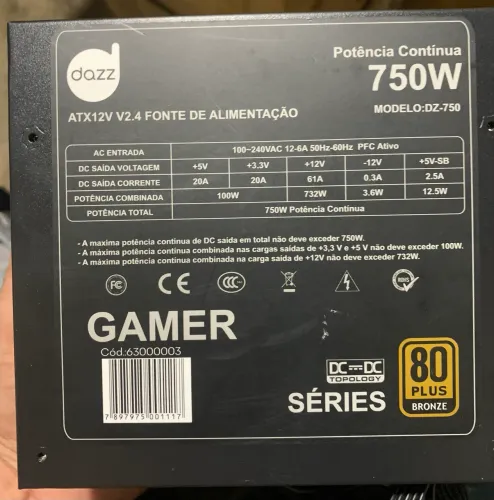 Fonte Dazz 750w 80 plus Bronze