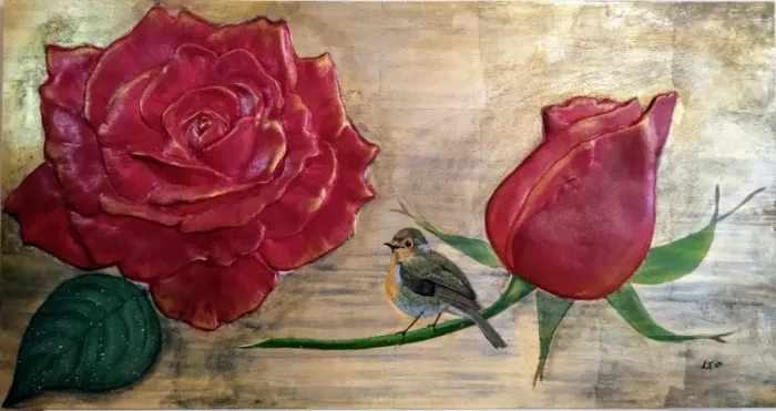 Quadro Baixo-Relevo- Pássaro e Rosa Vermelha