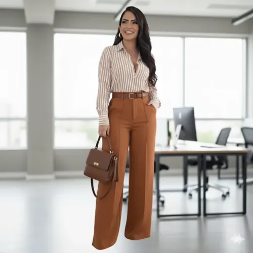 Conjunto Feminino Completo Calça Pantalona Caramelo + Camisa Nude Elegância Profissional