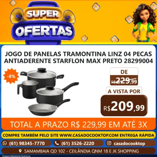 JOGO DE PANELAS TRAMONTINA LINZ 04 PECAS ANTIADERENTE STARFLON MAX PRETO 28299004