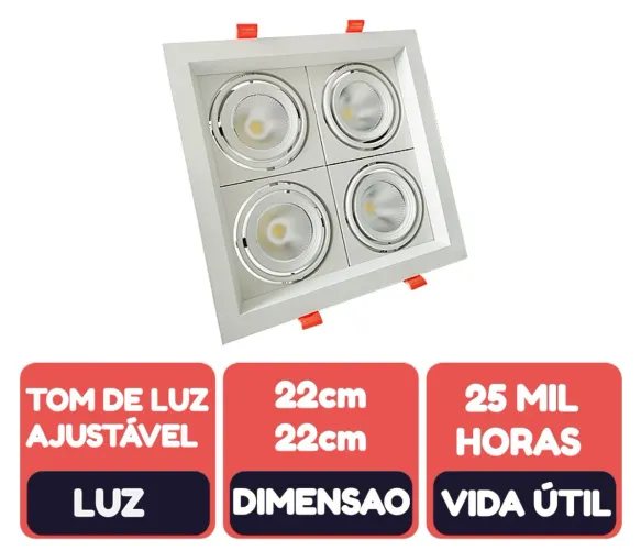 Spot de Embutir Quadrado 4 Focos LED Ajustável 22x22cm