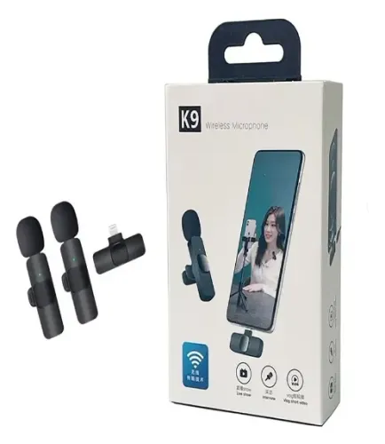 Kit 2 Microfone Lapela Wireless Sem Fio K9 Vlog Tipo-c - Preto