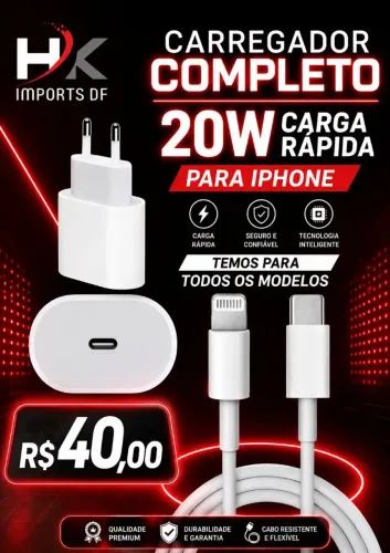 CARREGADOR COMPLETO IPHONE 20W CARGA RÁPIDA
