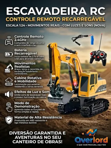 Trator Escavadeira RC 2.4GHz com Movimentos Reais e Bateria Inclusa (NOVA)