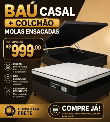 BAÚ CASAL + COLCHÃO MOLAS ENSACADAS 