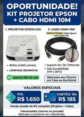 Kit projetor Epson semi-novo + cabo HDMI 10 metros