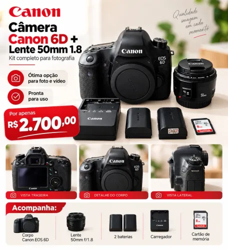 Vendo câmera canon 6d completa, com lente 50mm 1.8, bateria extra e cartão de memória