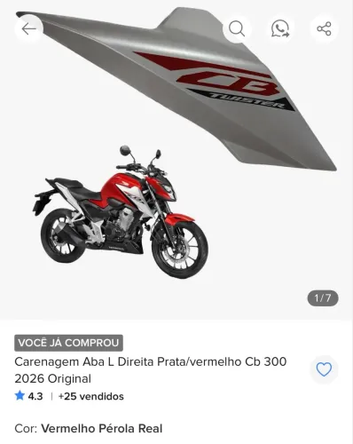 Carenagem Aba L Direita Prata/vermelho Cb 300f 2026 Original