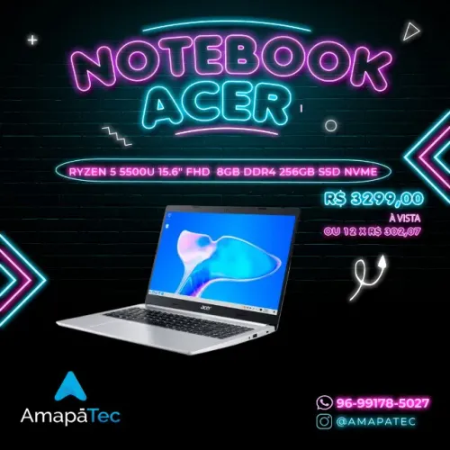 Notebook Acer  AMD Ryzen 5 5500U 15.6"  8GB DDR4, 256GB SSD NVMe