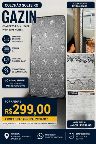 Colchão Gazin Solteiro D33 Novo - 88x188cm - Sem Uso