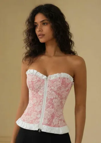 Corset Rosa forrada com Renda Branca tamanho G