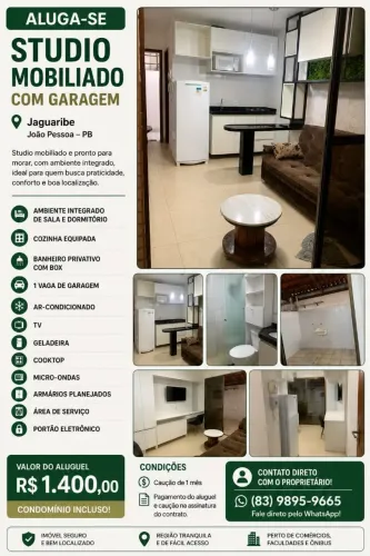 Studio mobiliado com garagem - Jaguaribe, João Pessoa/PB