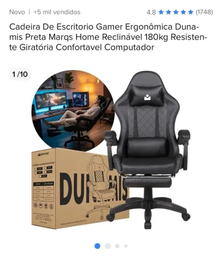Cadeira de escritório gamer ergonômica dunamis preta marqs home reclinável 180kg
