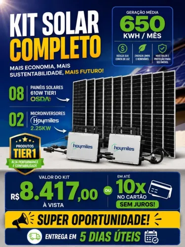 Energia Solar 650kWh | 8 Placas 610 | microinversor 2,25kW | Financiamento 96x