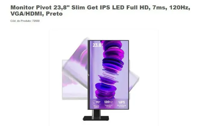 Monitor Pivot 23,8" Slim Get IPS Led Full HD, 7ms, 120Hz, VGA/HDMI, preto.