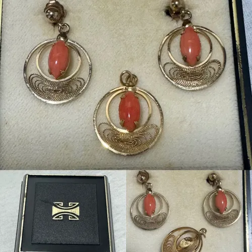 BRINCOS/PINGENTE VINTAGE- 1/20- 12KT CORAL ROSA/SALMÃO- CX ORIGINAL